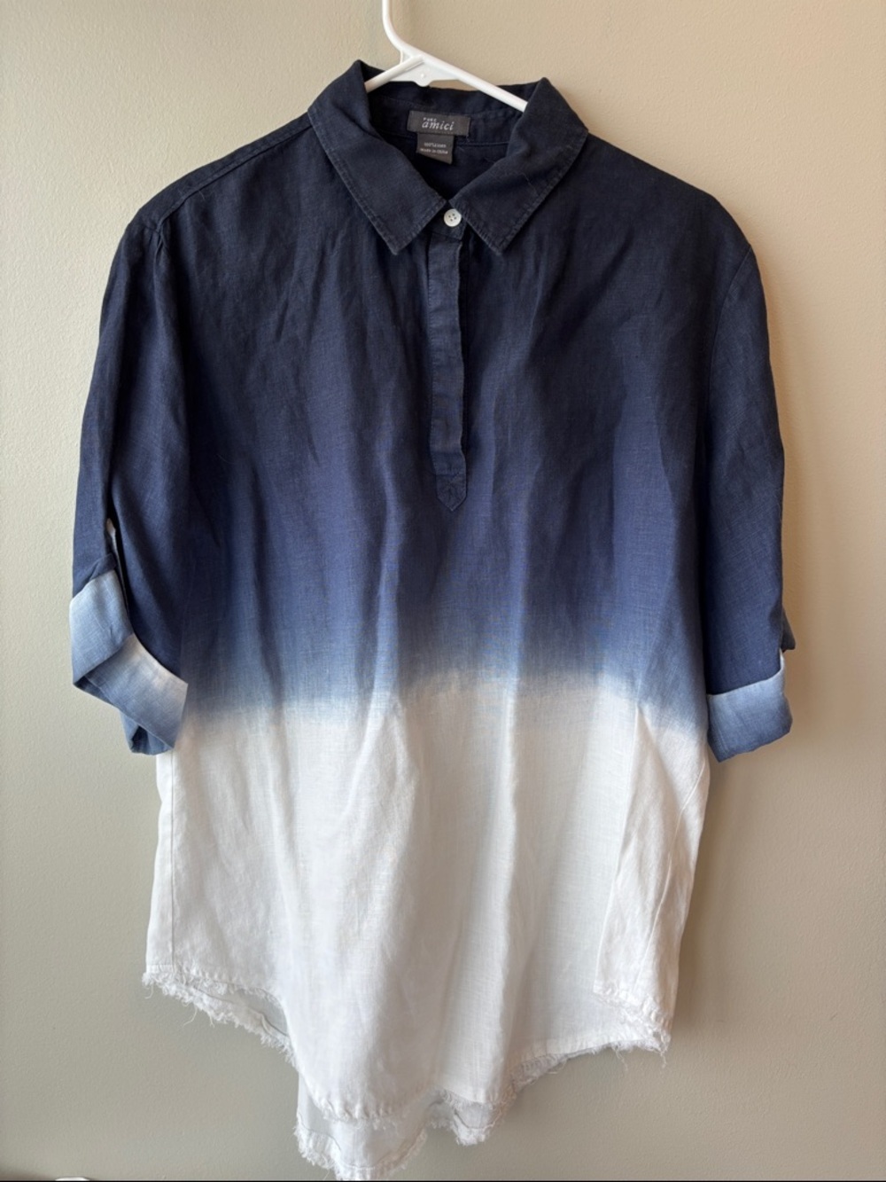 Pure Amici Navy and White Dip-Edge Linen Button-Down - Picture 6 of 6
